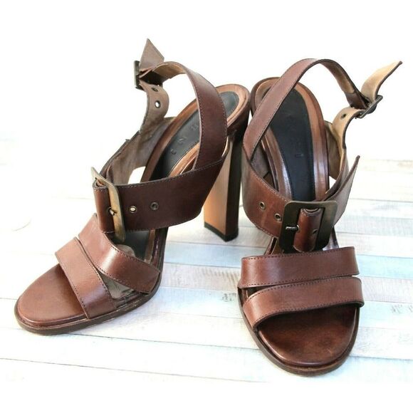 Marni BROWN GENUINE LEATHER SUEDE 4.5" HEEL WOMEN'S SANDALS SLINGBACK Sz 38 - Picture 3 of 9